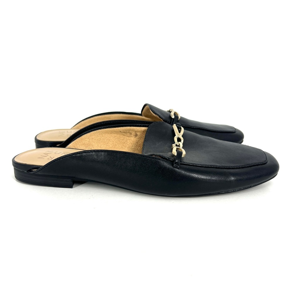 Naturalizer Kayden Mules Black Gold Chain Link Square Toe Flat Loafers Mens 9M